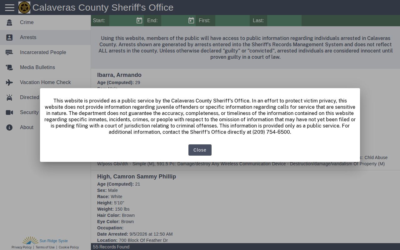 Calaveras County Citizen RIMS Arrests interface