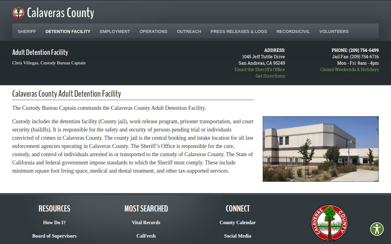 Calaveras County Adult Detention Facility official information page