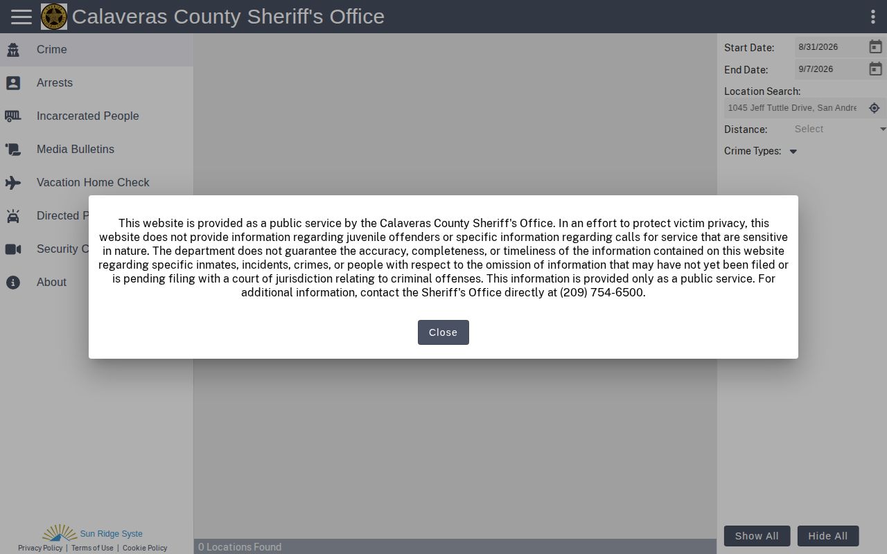 Calaveras County Citizen RIMS public records portal used for Angels Camp bookings