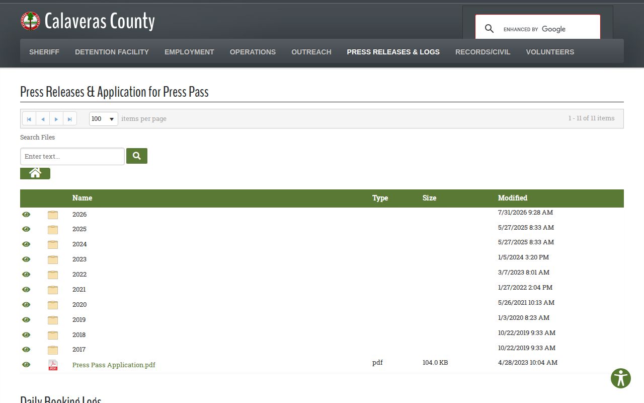 Calaveras County Sheriff Press Releases and Daily Booking Logs page