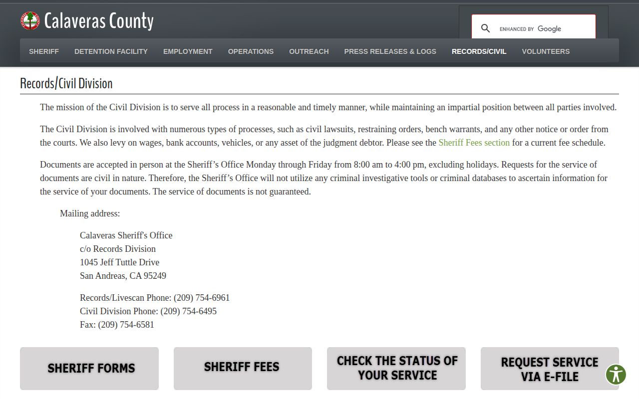 Calaveras County Sheriff Records and Civil request page