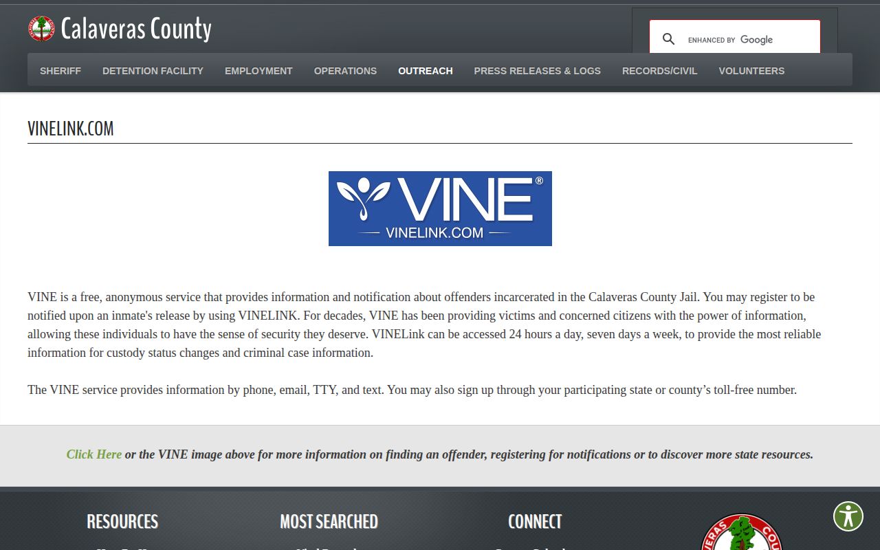 Calaveras County Sheriff California VINE service information