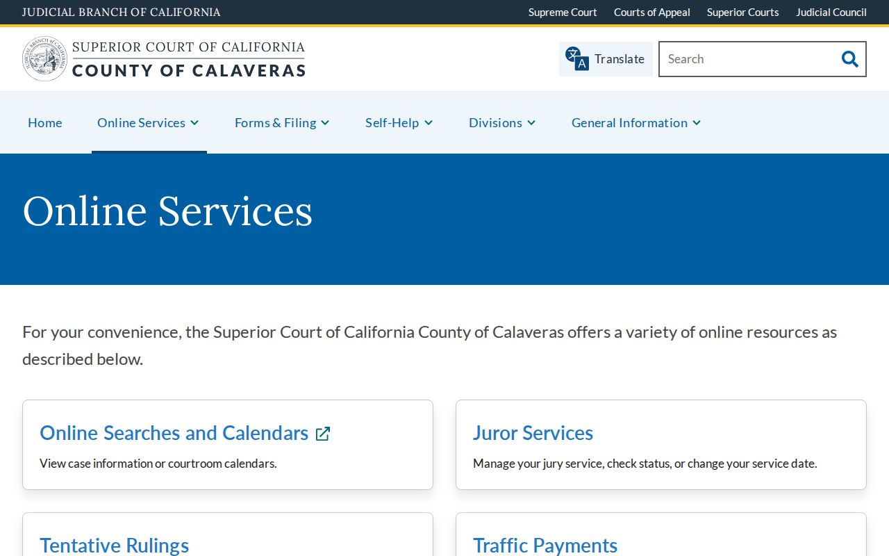 Calaveras Superior Court online services page for case information